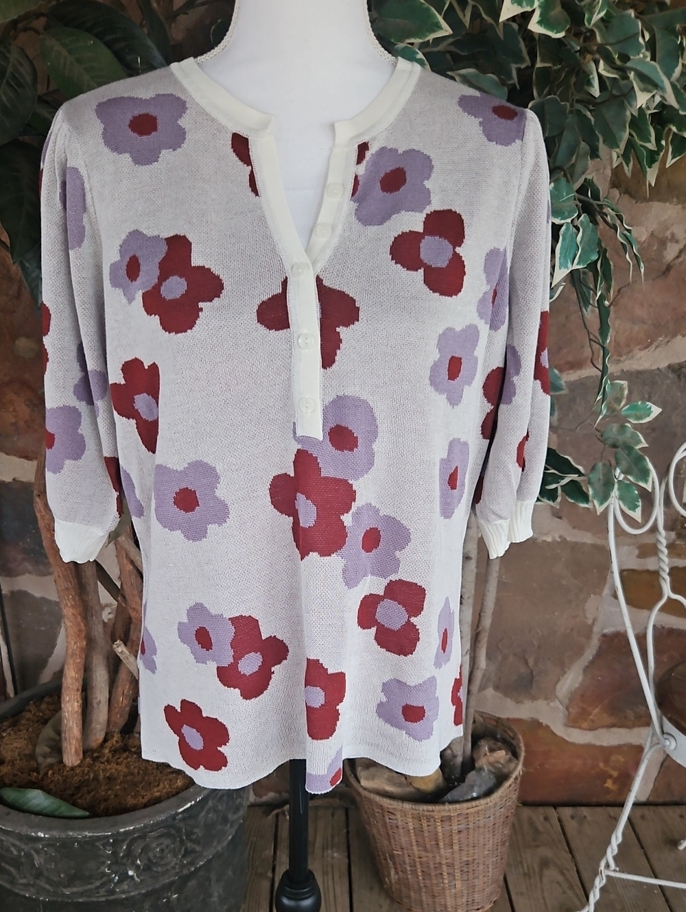 Cato Floral V-Neck Button Sweater - Cream with Red & Lavender Flowers